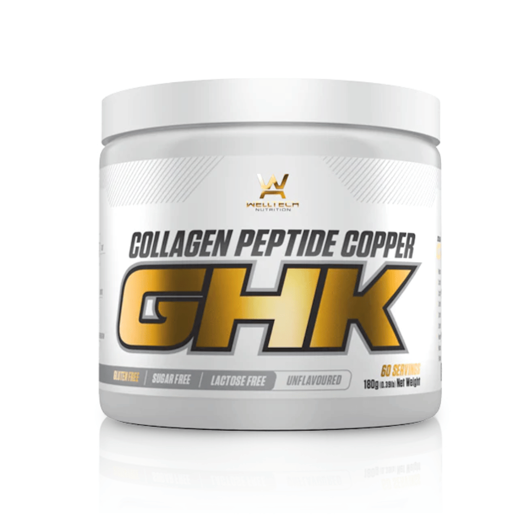 WellTech GHK-Cu Powder with hydrolysed bovine collagen, copper peptide, vitamin C, vitamin D and calcium.