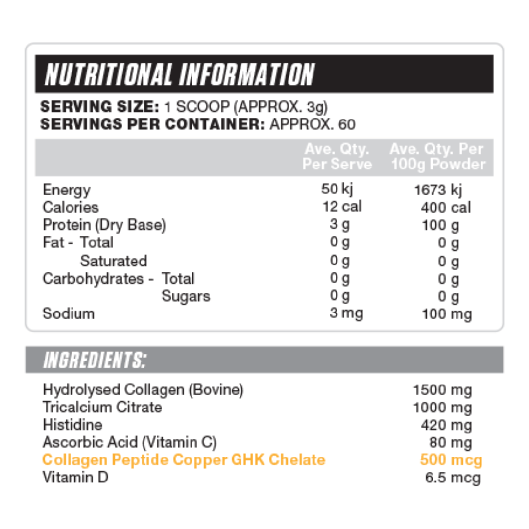 WellTech GHK-Cu Powder with hydrolysed bovine collagen, copper peptide, vitamin C, vitamin D and calcium.